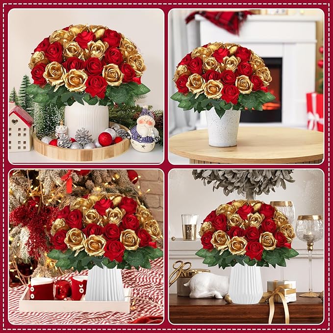 30pcs Fake Roses Artificial Silk Flowers Long Stems Bouquet for Wedding Bridal Shower Party Home Decoration (Burgundy + Gold)