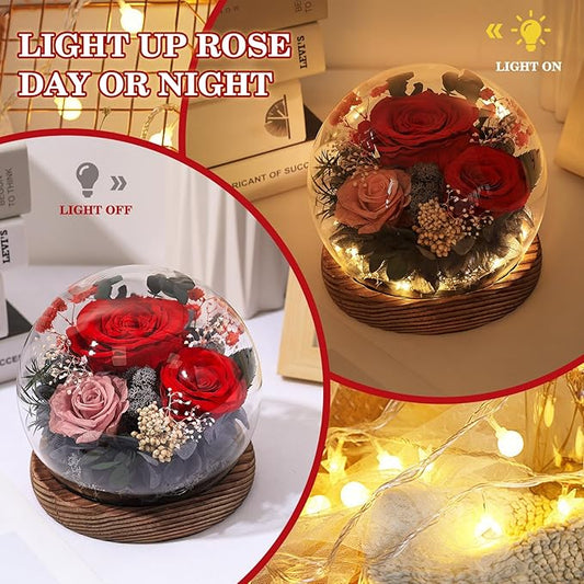 FIACO Valentines Gifts for Her Preserved Flowers in Glass Dome Long-Lasting Eternal Roses Birthday Gifts for Women Mom Grandma Wife Girlfriend Red Forever Flowers for Delivery Prime