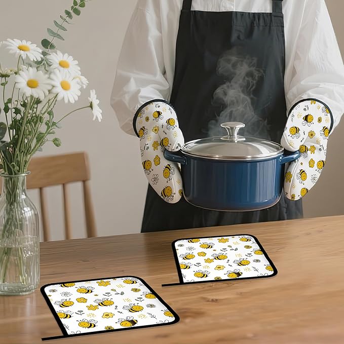 Cute Bee Oven Mitts and Pot Holders,Flower Heat Resistant Oven Mitts Gloves and Pot Holder for Home Kitchen Decorations Cooking Baking BBQ Gifts,Set of 4