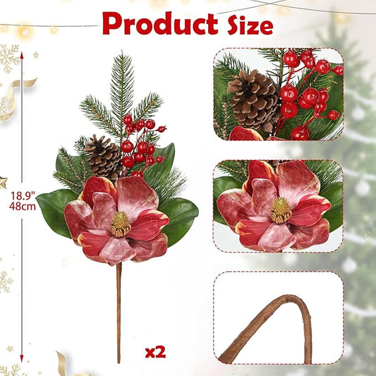 Briful 2 Pack 18.9in Christmas Magnolia Flower Branches, Artificial Magnolia Floral Picks and Spray with Pinecones Berries for Xmas Tree Vase Arrangements Decor