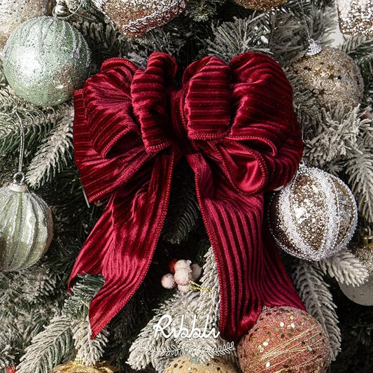Ribbli Glossy Dark Red Velvet Wired Ribbon 4 Inch Striped Velvet Christmas Ribbon for Gift Wrapping Christmas Tree Decoration Crafts Wreaths Supplies-Continuous 10 Yards