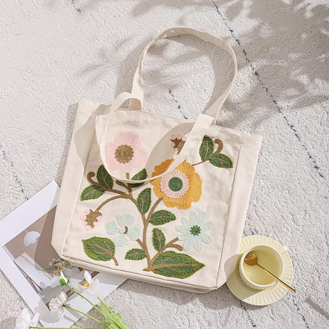 Aesthetic Embroidery Tote Bag for Lady Cute Reusable Canvas Shoulder Bag for Girls Women Shopping Grocery