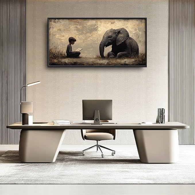 Elephant Large Wall Art Boy Reading Pictures Wall Decor Animal Canvas Elephant Print Painting Modern Artwork Home Decoration for Living Room Bathroom Bedroom Office Framed 60"x30"