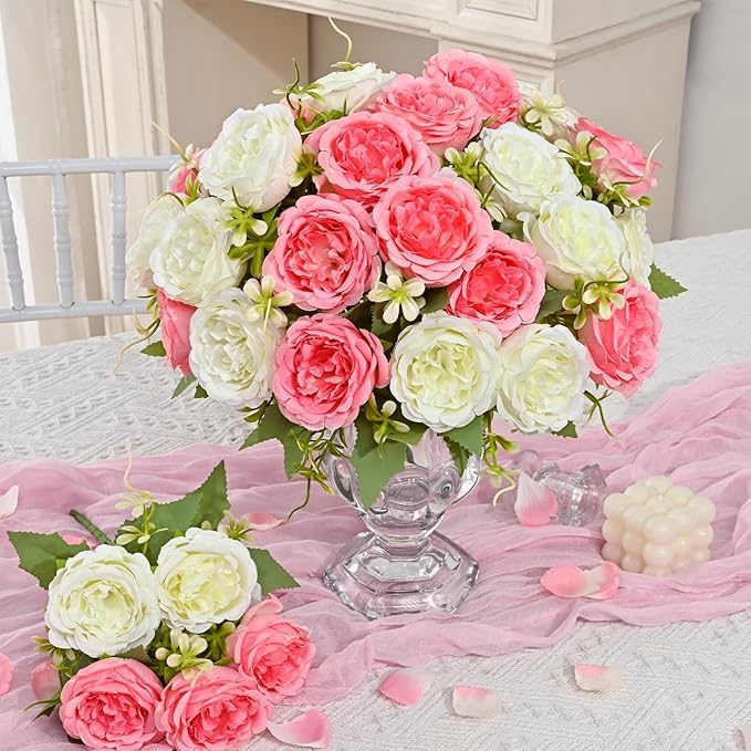 MARTINE MALL 4 Packs Peonies Artificial Flowers, Mixed White Pink Artificial Peonies, Silk Peonies Flowers Fake Peonies Artificial Flowers Peonies Bouquet for Centerpiece Table Wedding Home Decor