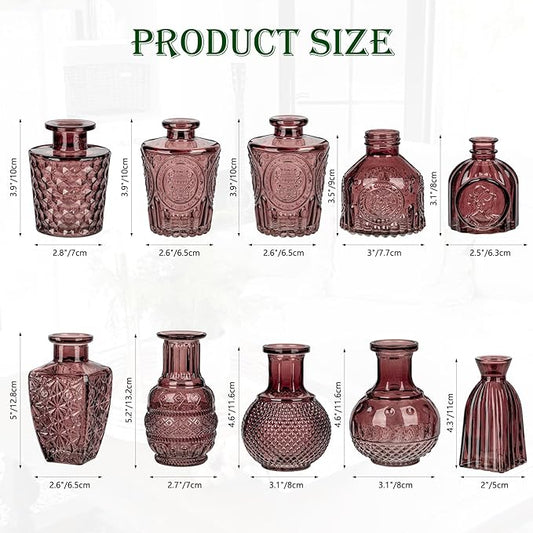 Glass Bud Vases Set of 10, Small Flower Vase in Bulk for Centerpieces, Mini Vintage Wine Red Vases for Rustic Wedding Vintage Home Table Decor