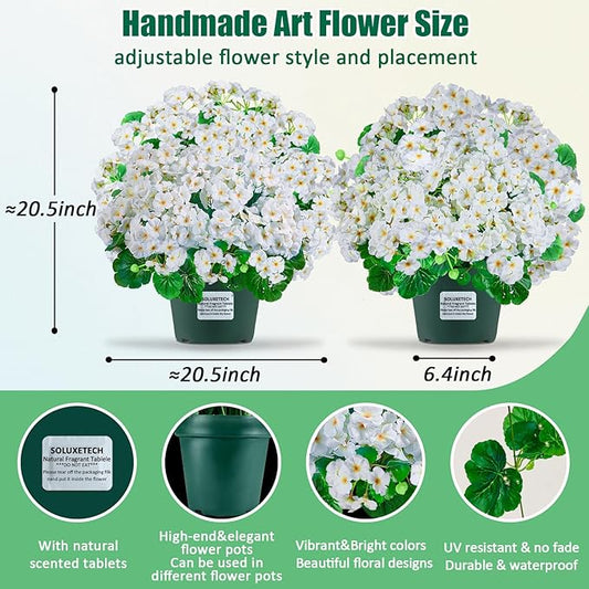 Artificial Handmade Geraniums With Flowers Scent Pots White Pink Purple Lavender Lifelike Faux Geraniums Bushes Fake Flowers for Wedding Party Home Office Indoor outdoor Plants Decor (White)