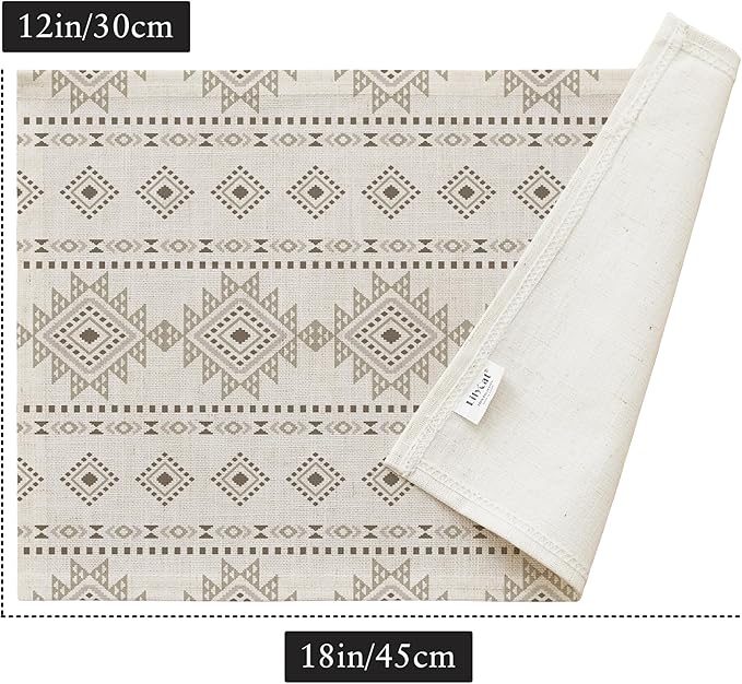LilyCat Linen Fabric Geometric Stripes Placemats, Durable Boho Dining Table Mats for Kitchen, Rustic Vintage Washable Place Mats Set of 6, 18’’× 12’’
