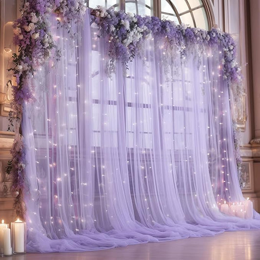 20ft x 10ft Purple Backdrop Curtain with Lights String for Parties, Sheer Tulle Wedding Photo Backdrops Drapes for Baby Shower Birthday Party Decorations Background for Photography