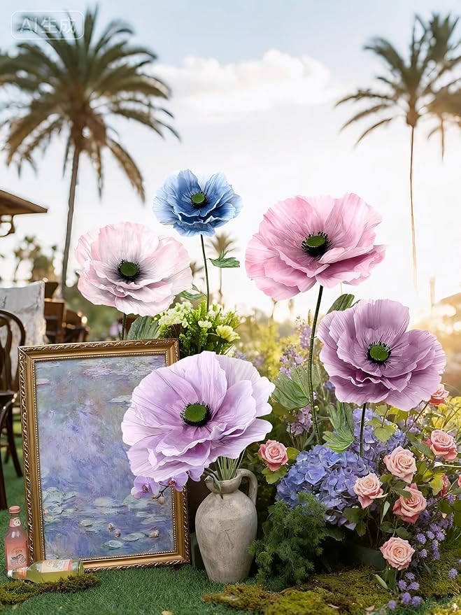 Giant Artificial Flowers 1pack Fake Flowers for Decoration, Fabric Poppy Flower for Wedding Birthday Easter Party Mother's Day Banquet Photography Props Garden Shop Window Display Decor(Purple)