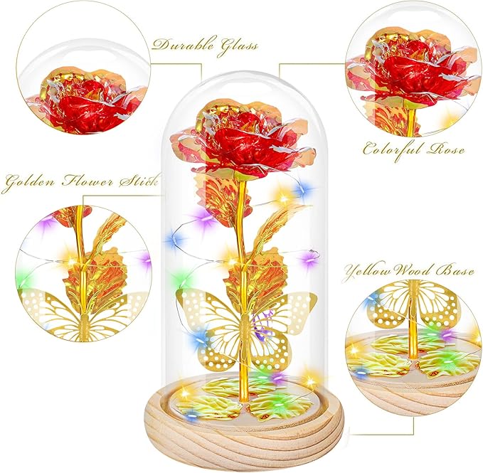 QUNPON Christmas Rose Gifts for Women,Flowers Womens Gifts for Mom,Sister,Grandma,Her,Wife,Birthday Gifts for Women,Galaxy Glass Red Butterfly Rose Gifts for Valentines Day,Wedding