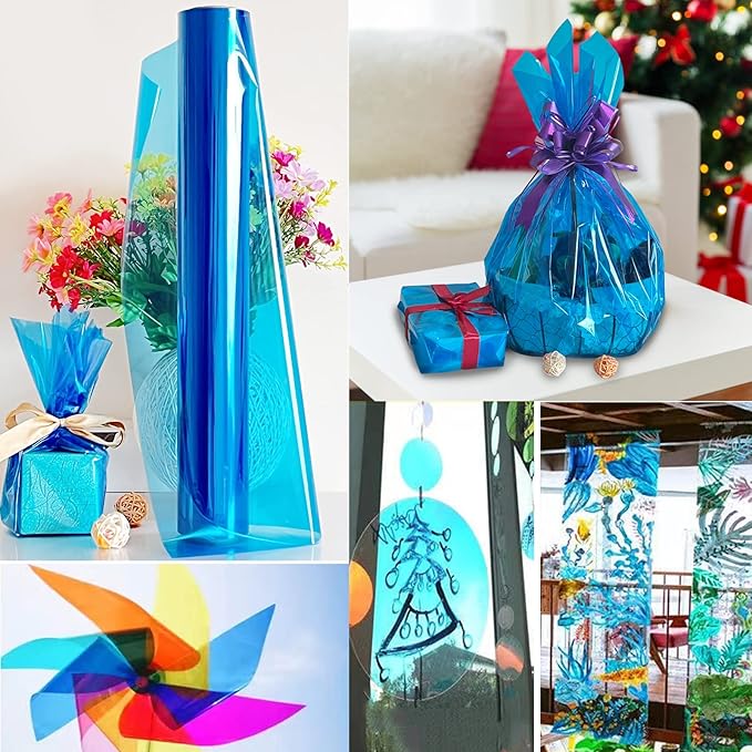 100 ft x 34 in Extra Wide Cellophane Wrap Roll Blue, Translucent Cellophane Roll for Gift Baskets Wrap, Colored Cellophane Wrapping Paper for Treats, Candies, Holiday, Birthday, Baby Shower Decoration