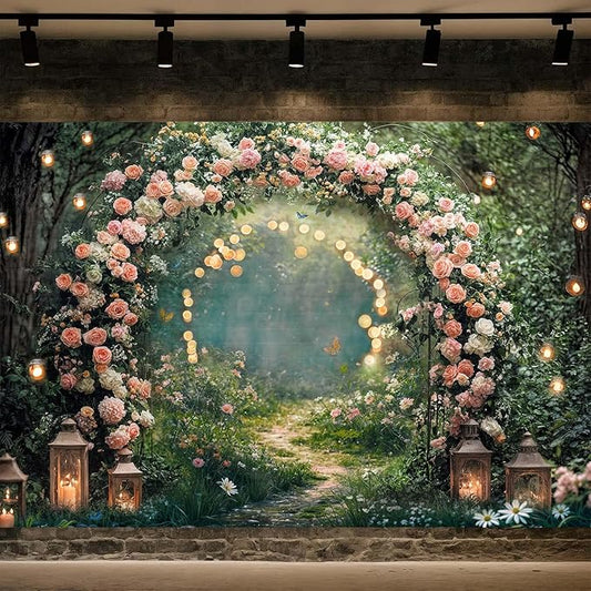 15x10ft Enchanted Forest Wedding Photography Backdrop Wonderland Roses Fairy Tale Backdrop Pink Flower Birthday Newborn Baby Shower Wedding Bridal Party Banner Photo Booth Props Anniversary Background
