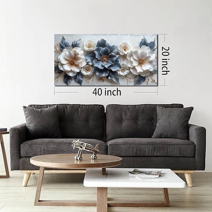 Flower Prints Wall Art for Living Room Blue and White Paintings for Wall Office Wall Decor for Bedroom Aesthetic Size 20" x 40"