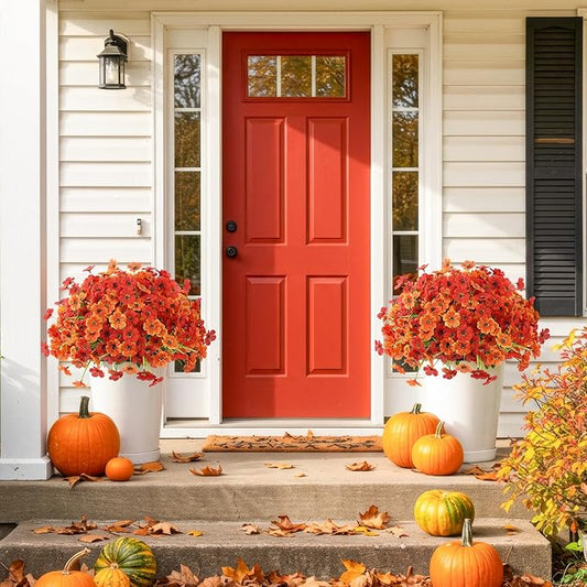 MACTING Artificial Fall Flowers for Outdoors 12 Bundles Faux Mums Outdoor Plants UV Resistant Fake Silk Flowers for Planters Garden Porch Patio Indoor Outside Autumn Thanksgiving Decor,Orange & Red