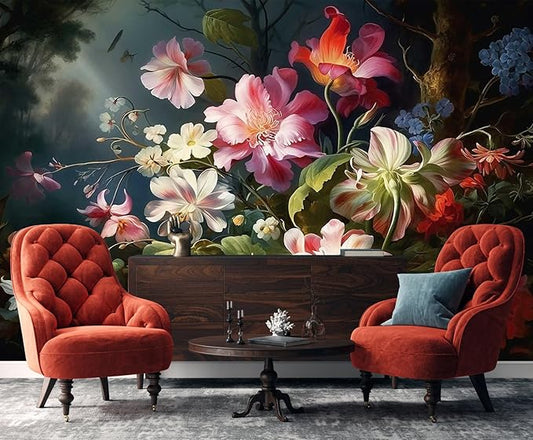 Colorful Floral Wallpaper Illuminated by Hazy Moonlight, Natural Landscape Flower Mural, Decorative Background Wall Mural(Non-self-Adhesive)