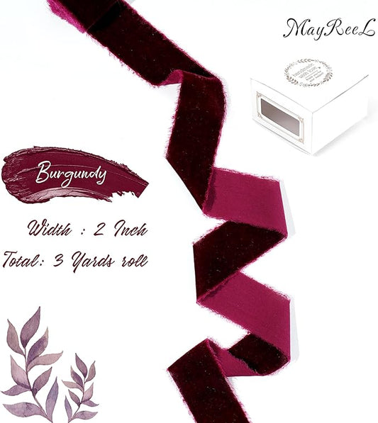 MAYREEL Burgundy Velvet Ribbon 2 Inch Hand Torn Maroon Frayed Edge Silk Ribbon for Bridal Bouquets Invitations Wedding Vow Books Gift Baskets Hair Bows 3 Yards