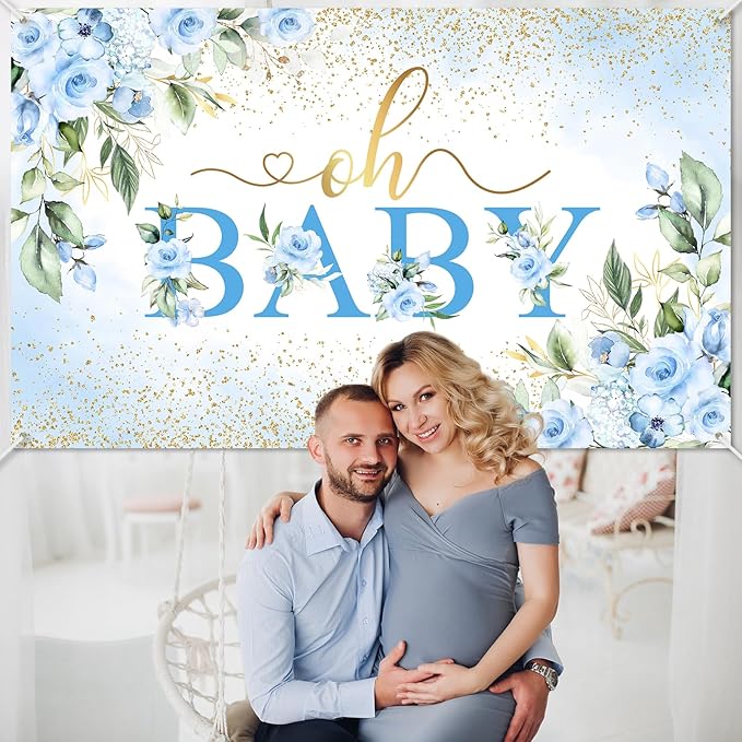 Mocsicka Oh Baby Backdrop Blue Floral Baby Shower Banner for Boys Party Decorations Photo Booth Props (Blue, 8x6ft)