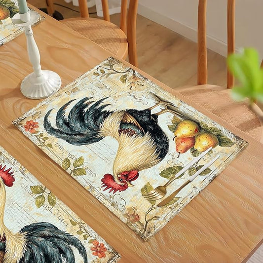 Farmhouse Rooster Placemats Set of 4, Rustic Chicken Place Mats, Pear Dining Table Mats, Washable Placemats for Kitchen Dining Room Home Decor 18L'' × 12W''