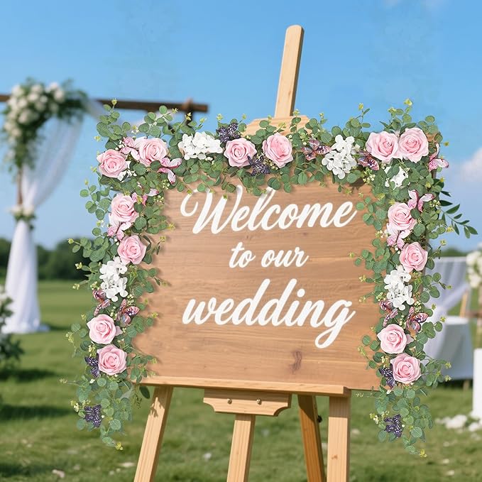 4PCS 5.9Ft Artificial Flower Garland Fake Rose Hydrangea Vines with Butterflies Hanging Floral Flowers Greenery Eucalyptus Garland for Wedding Home Party Room Table Backdrop Decor (Pink, 4PCS)