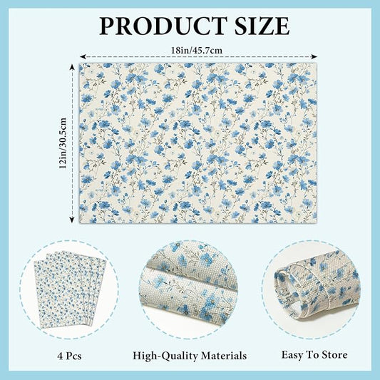 Cotton Linen Waterproof Placemats Set of 4, Blue Floral Dining Mat Table Mats Decor Fabric for Kitchen Dinner Coffee Shop Table, Indoor/Outdoor Washable Wipeable Placemat -N029
