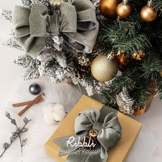Ribbli Dusty Green Velvet Wired Ribbon 2.5 Inch Sage Velvet with Satin Christmas Ribbon for Gift Wrapping Christmas Tree Decoration Crafts Wreaths Supplies-Continuous 10 Yards