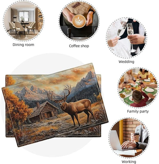 Farmhouse Deer Placemats Set of 6, Country Natural Place Mats, Rustic Forest Lodge Elk Wildlife Dining Table Mats, Washable Placemats for Kitchen Dining Room 18L'' × 12W''