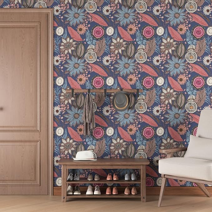 Boho Wallpaper Peel and Stick,Vintage Blue Pink Floral Contact Paper, Retro Antique Botanical Flowers Wall Paper Self Adhesive Removable Waterproof for Bathroom Shelves Cabinet Table 17.5" x 118"