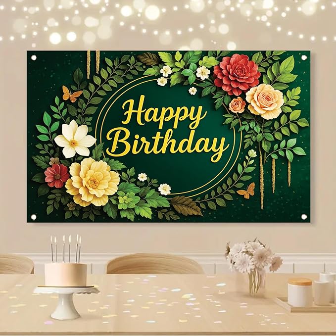 Greenery Birthday Backdrop Green Floral Banner Butterfly Happy Birthday Photography Background for Women Girls Lady Newborn Baby Shower Party Supplies Photo Booth Props 71 x 43 Inch