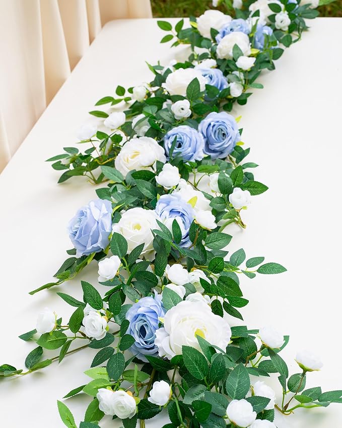 6FT Bendable Flower Garland, Artificial Rose Vine Hanging Floral Garland Decoration for Weding Home Room Wall Decor (Blue, 1pcs)