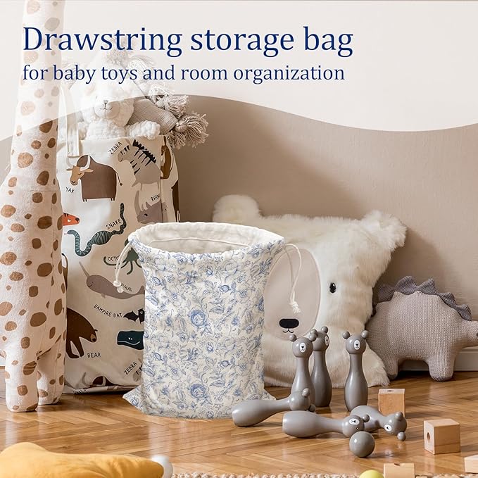 DSHFG Chinoiserie Blue Toile Floral Birthday Drawstring Gift Wrap Bags, Chinoiserie Baby Shower Drawstring Gift Bags Canvas, Blue and White Small Happy Birthday Bag, Gifts for Women, 10x13 Inch