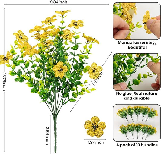 10 Bundles Artificial Faux Flowers for Outdoor,10Pcs Fake Flowers for Home Decor,Plastic Flowers Shrubs Lifelike Artificial Greenery Home Porch Stems Outside Decor(Yellow
