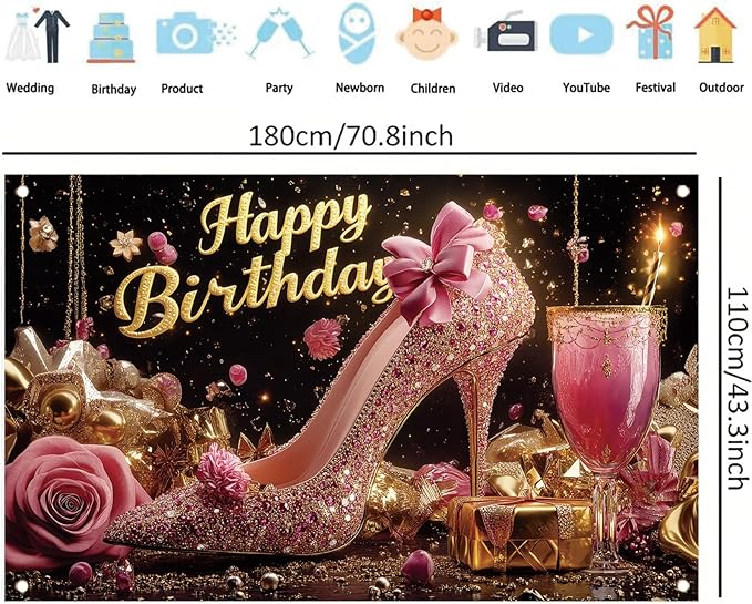 Luxury High Heel Birthday Backdrop Banner Pink Glitter Shoe Photography Background Rose Gold Decor for Women Girls Party Decorations Fashion Booth Studio Props 71 x 43 Inch