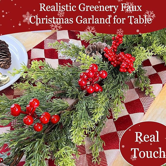 6 Ft Christmas Garland - Real Touch Cedar Garland with Red Berry Clusters Pinecones by 90 Cedar Branches, Realistic Greenery Faux,Christmas Garlands for Mantle Fireplace Table Centerpiece Decor