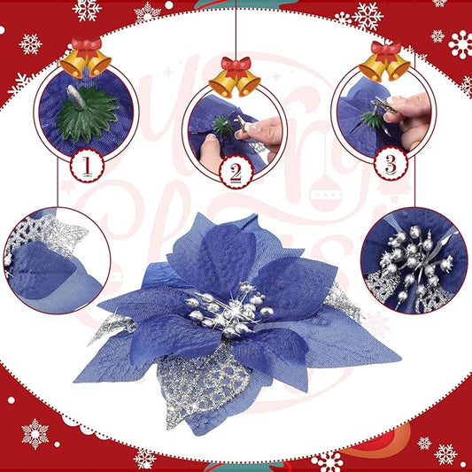 Boao 24 Pieces Christmas Artificial Glitter Poinsettia Flowers Xmas Flowers Wedding Christmas Tree New Year Ornaments(Navy Blue)