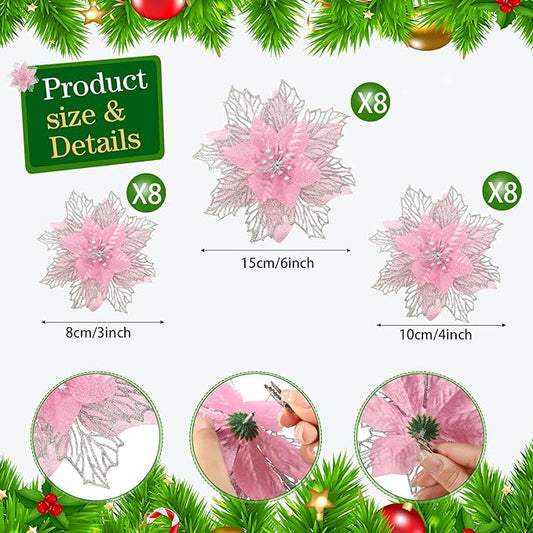 Geosar 24 Pieces Christmas Glitter Poinsettia Flowers Layered Artificial Xmas Flowers Wedding Christmas Tree New Year Ornaments 3/4/6 Inch(Pink)