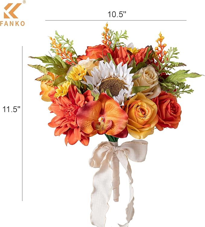 FANKO Artificial Flowers Burnt Orange Rose, Mixed Fake Silk Flowers Combo Champagne Yellow Rose Orange Sunflower Orange Dahlia Vintage Autumn for DIY Wedding Bridal Bouquets, Home Decor
