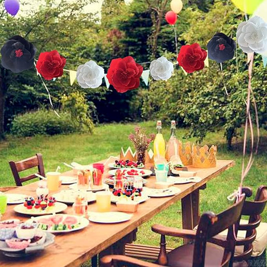 BRT Bearingshui Crepe Paper Flowers Decoration for Wall Total 9 Pcs, Artificial Flowers for Wedding Flower Backdrop Decor, Baby Bridal Shower Birthday Party, Red Black White 3D Wall Flowers Decor