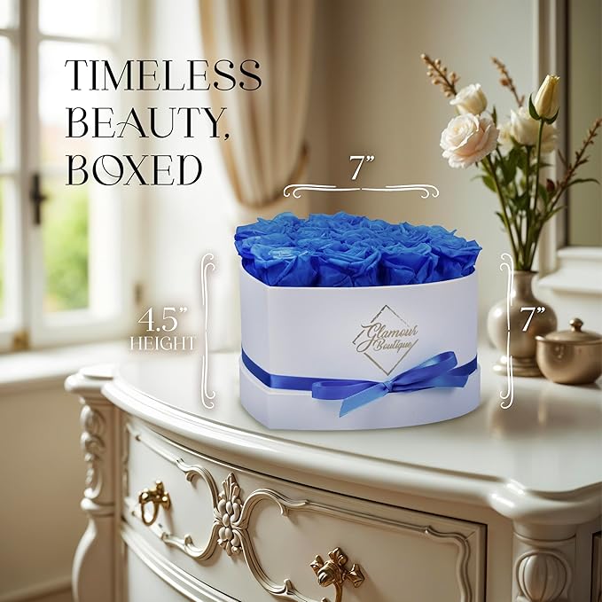 GLAMOUR BOUTIQUE Preserved Roses in a Box - Gifts for Her, Wife & Mom, Rose Flowers Forever Decor for Birthday Gift, Get Well Flower Bouquet Cased in White Box with Cover - Blue - 16-Piece