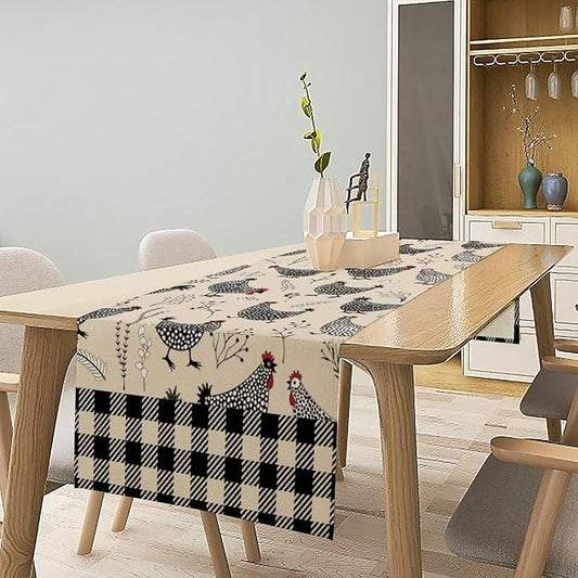 Farmhouse Rooster Table Runner Vintage Farm Funny Chicken Flower Dinner Runner for Country Farmhouse Home Kitchen Dinner Table Holiday Party Decoration 13x70in