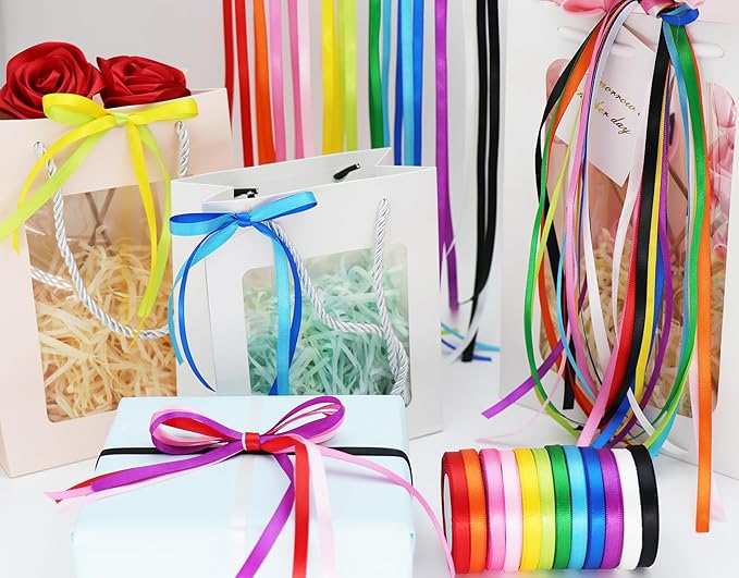 Multicolor Satin Ribbons for Crafting Rainbow Colorful Ribbon for Gift Wrapping Birthday Party Decorations, Double Face Thin Ribbon Hair Ribbons 12 Colours 1/4" X 10Yards Each Total 120 Yds