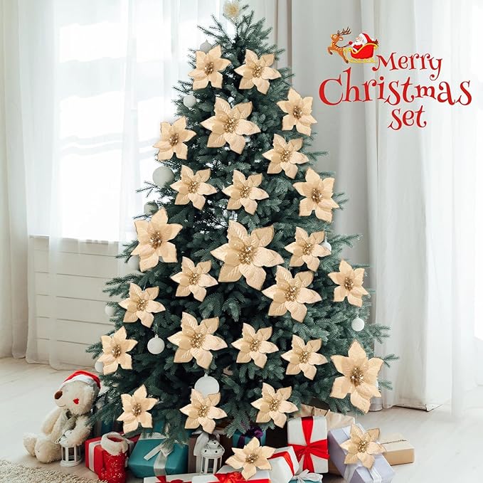 WILLBOND 24 Pcs 3 Size Poinsettia Flower Artificial Christmas Decor Glitter Poinsettia Christmas Ornaments Faux Flowers for Xmas Tree Outdoor(4/6/7.9 Inches,Champagne)