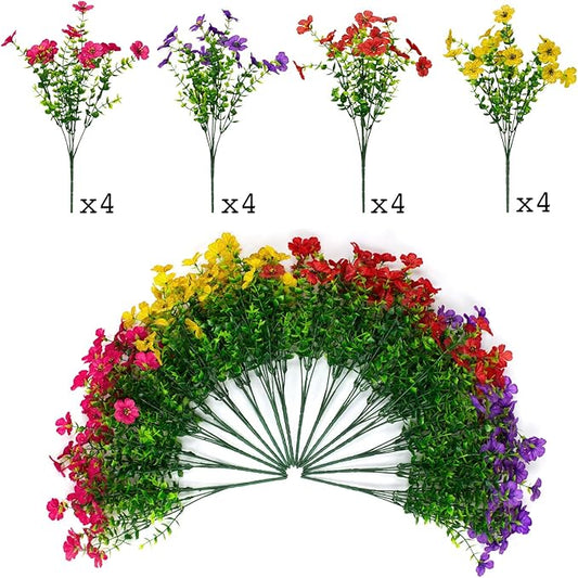 16 Bundles Artificial Flowers Outdoor Spring Summer Decoration Fake Silk Colorful Daisy Eucalyptus Realistic UV Outside Faux Plants for Garden Porch Window Box Home Decor(Red Yellow Pink Purple)
