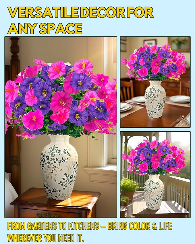 UV Resistant Fake Flowers for Outdoor Planters Hanging Basket Window Box - 12 Bundles Realistic Silk Artificial Flowers Outside with Eucalyptus, Faux Plants for Porch Garden Patio Home Décorations