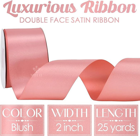 MEEDEE Blush Satin 2 Inch Ribbon Pink Double Faced Ribbon by 25 Yards Silk Ribbons Luxurious Satin Ribbons for Crafts, Weddings, Flower Bouquet, Cake Decoration