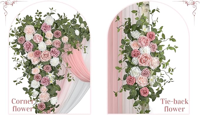 Ting's time Arch Flowers with Drapes Kit (Set of 5)-2Pcs Artificial Floral Swag Arrangement 3Pcs Draping Fabric for Wedding Floral Party Outdoor Decor (Dusty Rose)