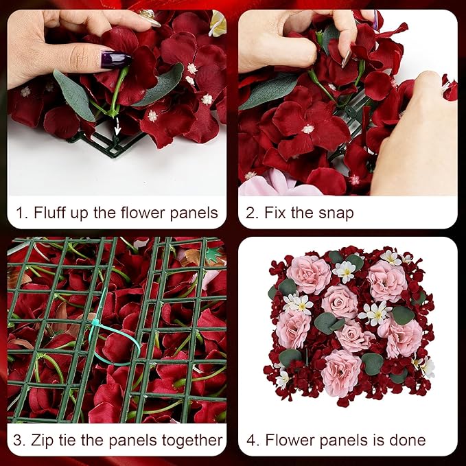 Pack of 6 Artificial Silk Flower Panels, Faux Floral Wall Background for Wedding Party Engagement Bridal Shower Arrangement Home Decorations - Burgundy & Dusty Pink