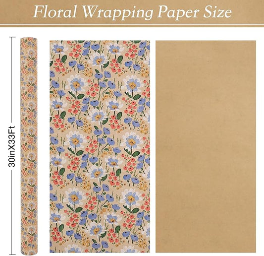Aimyoo Kraft Floral Wrapping Paper Roll - Jumbo Roll - 30 Inch x 33 Feet - All Occasion Vintage Flower Gift Wrap Paper for Mother's Day Wedding Birthday Bridal Shower