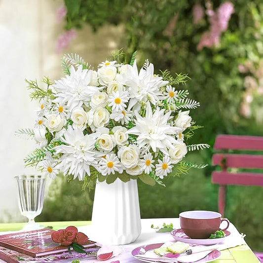 2PCS Artificial Flowers Dahlia Bouquet Fake Flowers White Silk Roses Daisies Faux Floral Arrangements for Dining Table Centerpieces for Kitchen Bridal Bouquet Wedding Party Home Decor