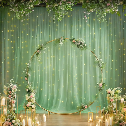 30ft x 10ft Green Backdrop Curtain with Lights String for Parties, Sheer Tulle Wedding Photo Backdrops Drapes for Baby Shower Birthday Party Decorations Background for Photography