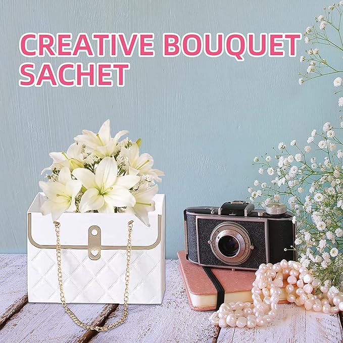 NADUSEP 4 PCS Flower Paper Gift Bag, Bouquet Storage Bucket Florist Handbag with Metal Chain, Wedding Gift Wrap Bag Flower Boxes for Graduation Wedding Valentine's Day Mother's Day Birthday Festivals Party Bridal Shower Anniversary Thanksgiving Christmas
